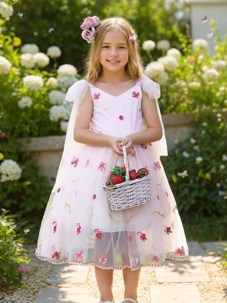 Knee-length Flower Girl Dress with Strawberry Embroidery in Tulle
