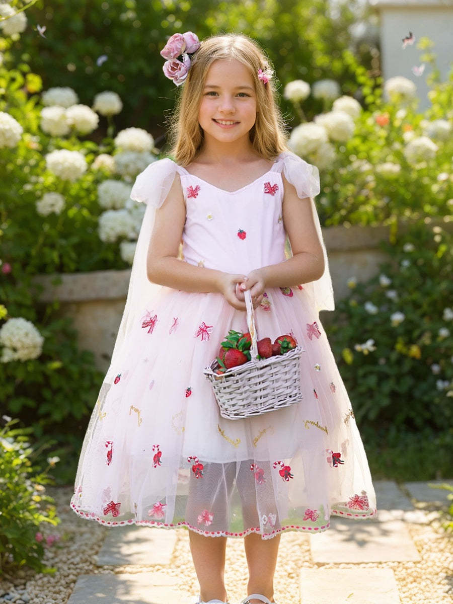 Knee-length Flower Girl Dress with Strawberry Embroidery in Tulle