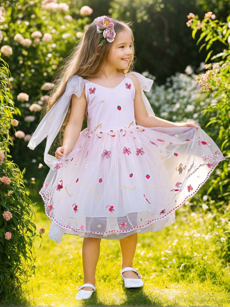 Knee-length Flower Girl Dress with Strawberry Embroidery in Tulle
