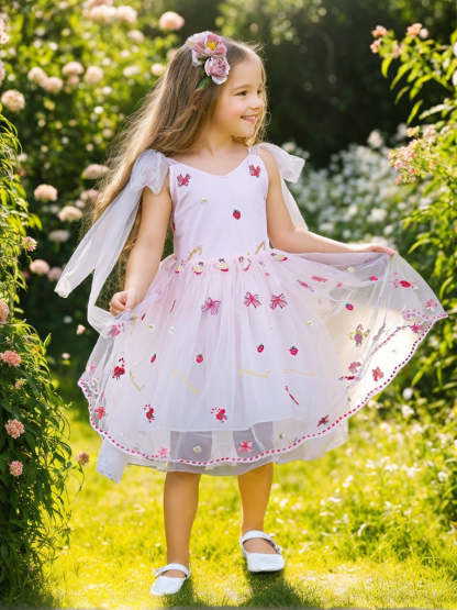 Knee-length Flower Girl Dress with Strawberry Embroidery in Tulle