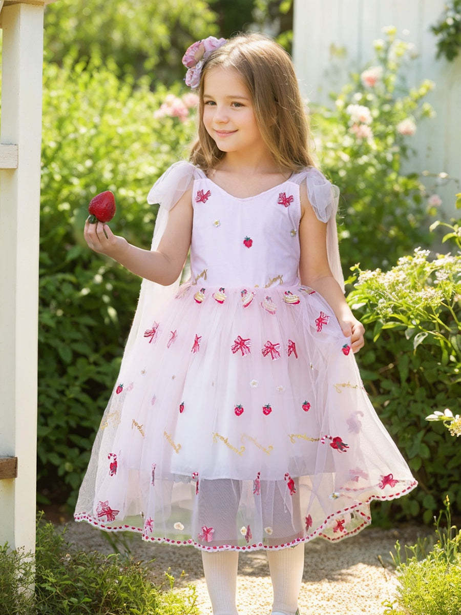 Knee-length Flower Girl Dress with Strawberry Embroidery in Tulle