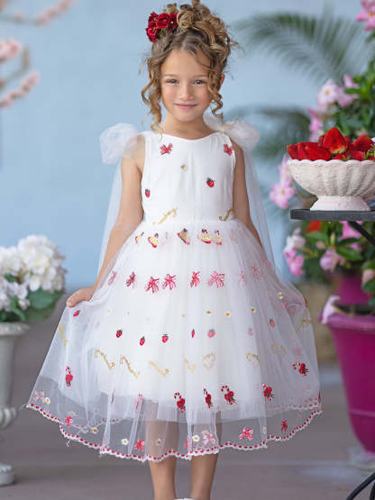 Knee-length Flower Girl Dress with Strawberry Embroidery in Tulle