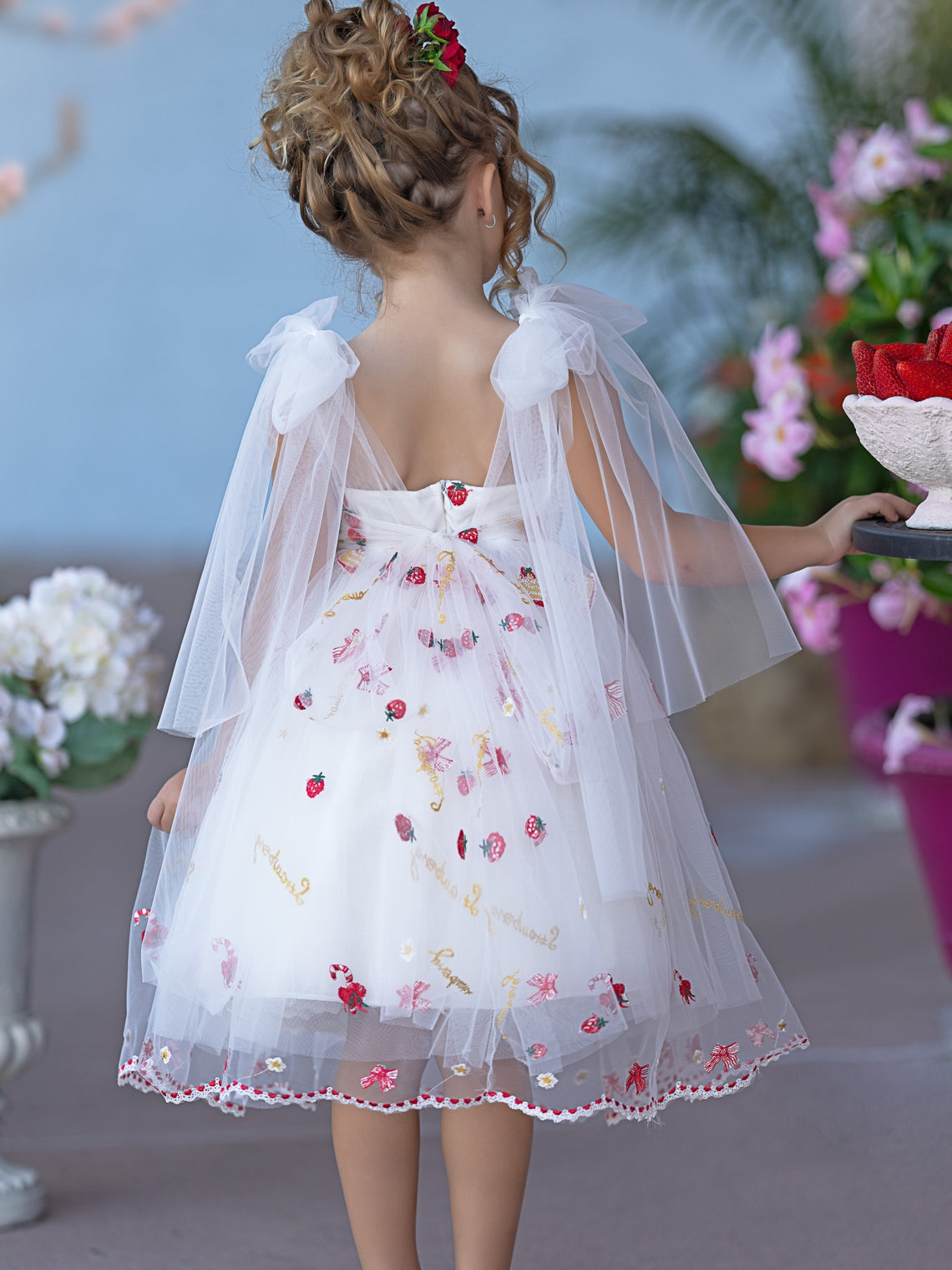 Knee-length Flower Girl Dress with Strawberry Embroidery in Tulle