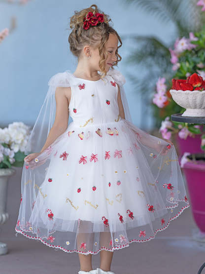 Knee-length Flower Girl Dress with Strawberry Embroidery in Tulle