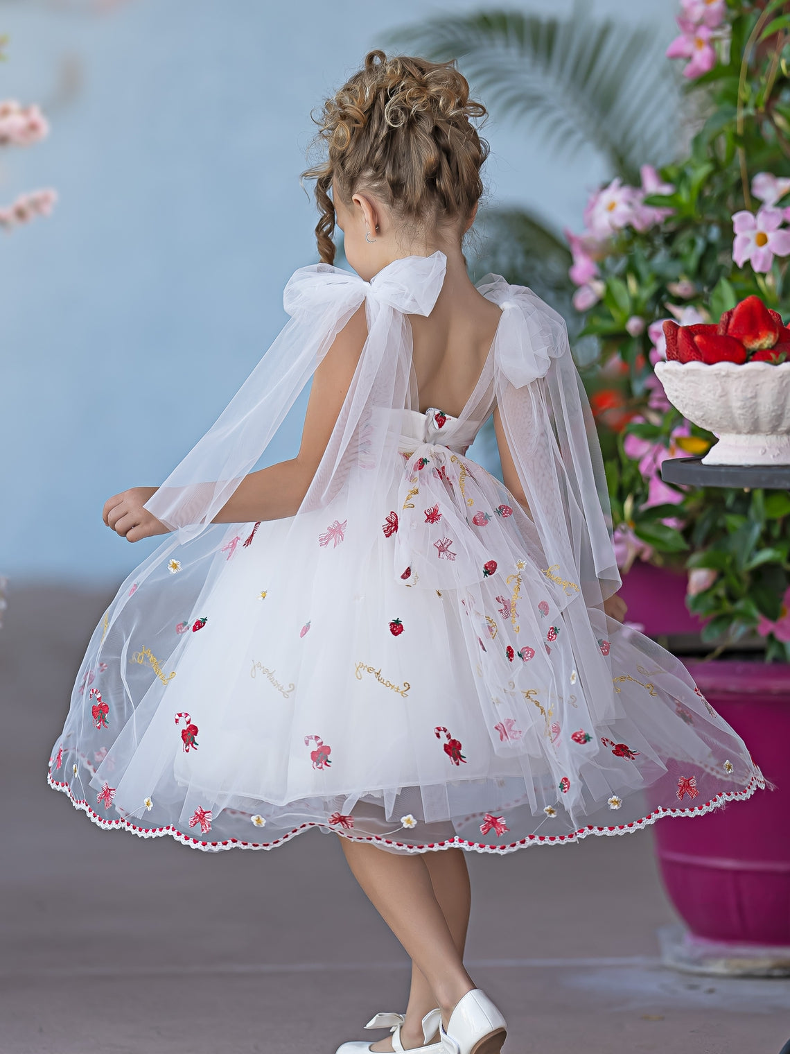 Knee-length Flower Girl Dress with Strawberry Embroidery in Tulle