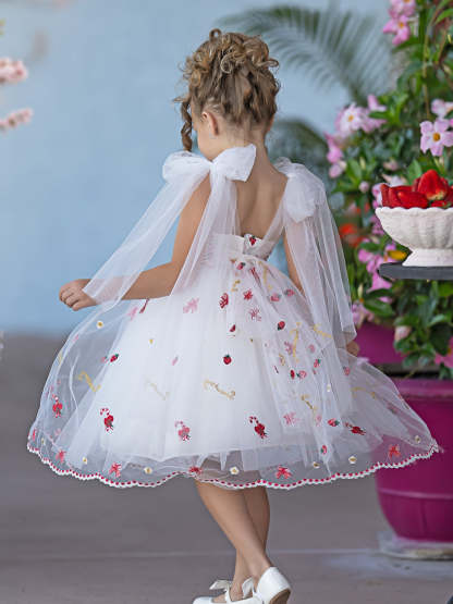 Knee-length Flower Girl Dress with Strawberry Embroidery in Tulle