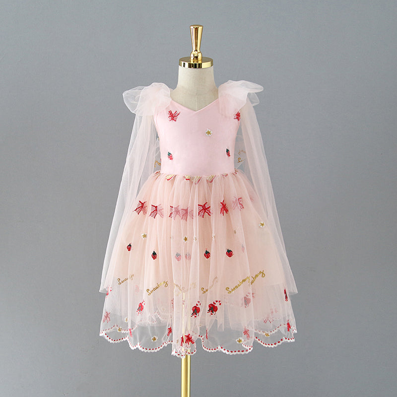 Knee-length Flower Girl Dress with Strawberry Embroidery in Tulle