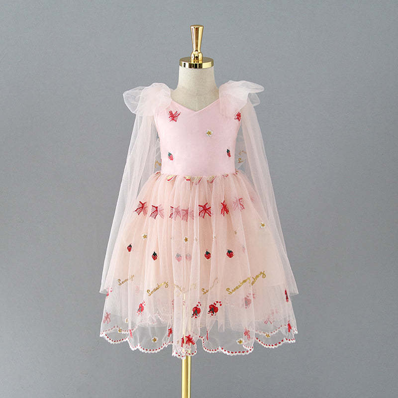 Knee-length Flower Girl Dress with Strawberry Embroidery in Tulle