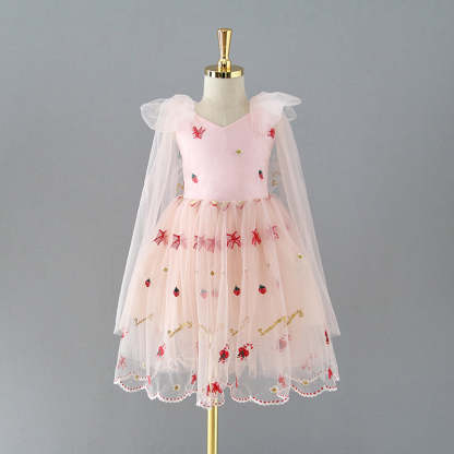 Knee-length Flower Girl Dress with Strawberry Embroidery in Tulle