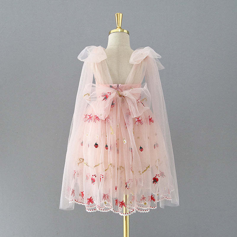 Knee-length Flower Girl Dress with Strawberry Embroidery in Tulle