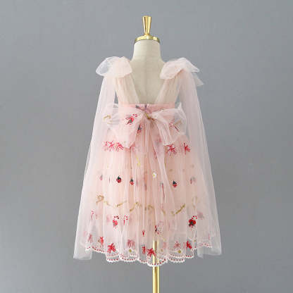 Knee-length Flower Girl Dress with Strawberry Embroidery in Tulle