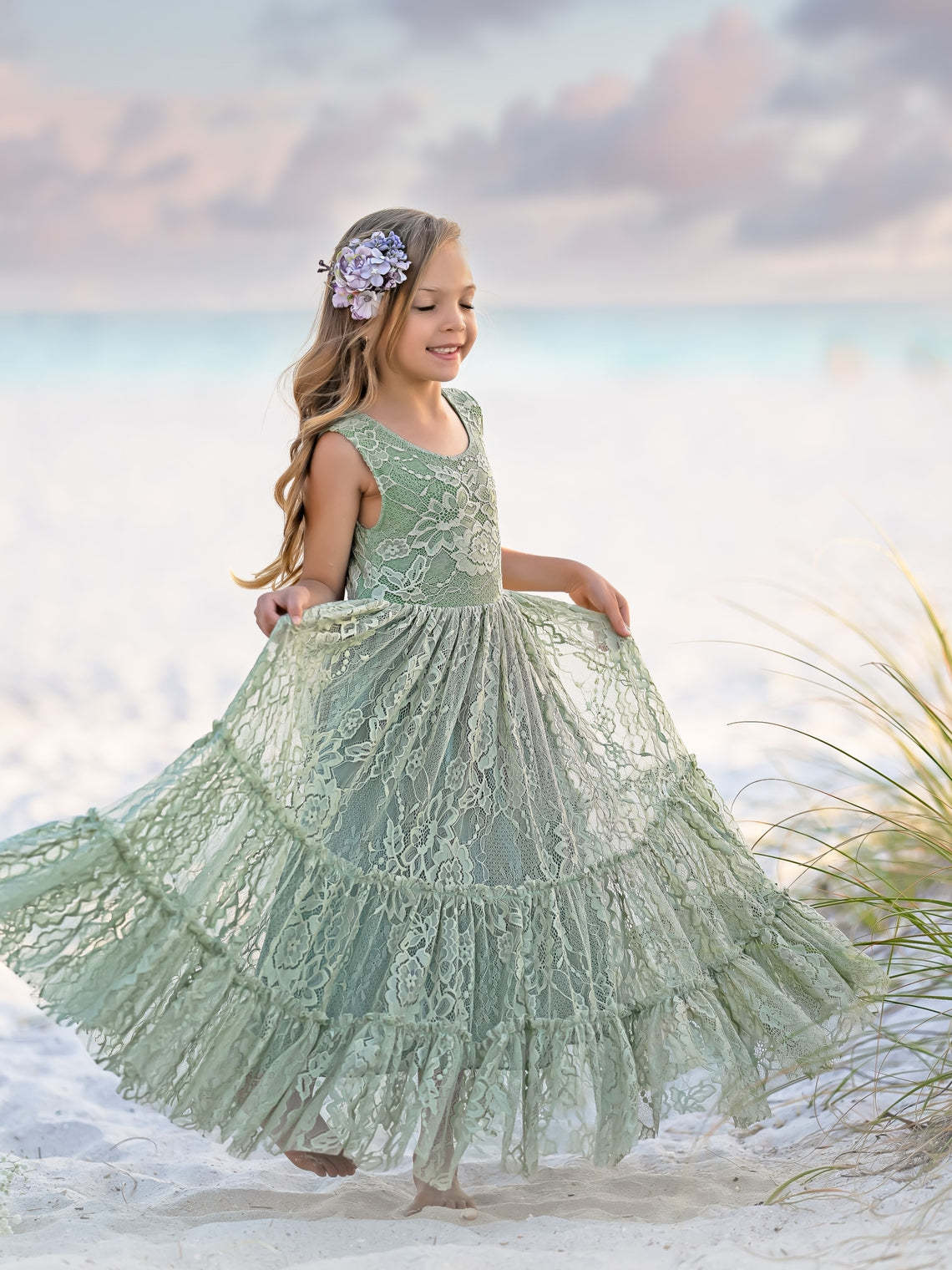 Green Floor-length Dress with Lace