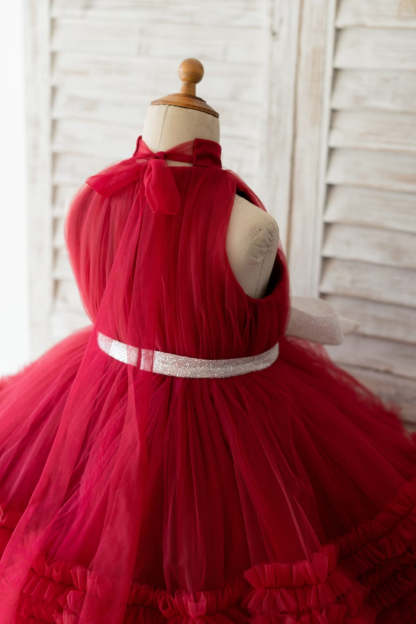 Burgundy Knee-length Dress in Tulle