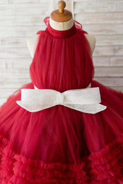 Burgundy Knee-length Dress in Tulle