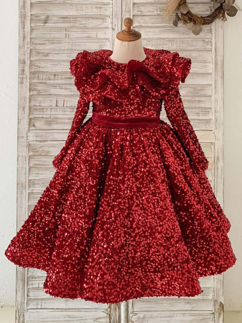 Burgundy Velvet Knee-length Dress with Sequins for Girls