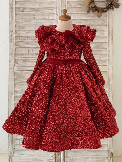 Burgundy Velvet Knee-length Dress with Sequins for Girls