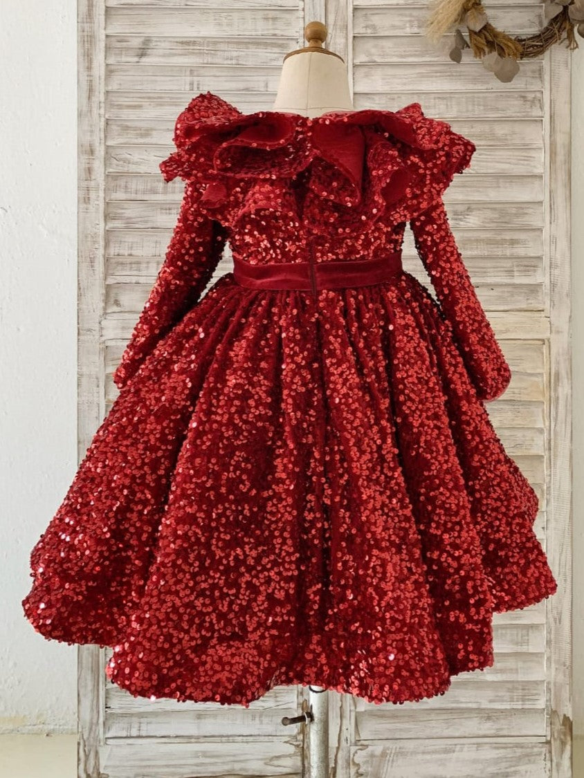 Burgundy Velvet Knee-length Dress with Sequins for Girls