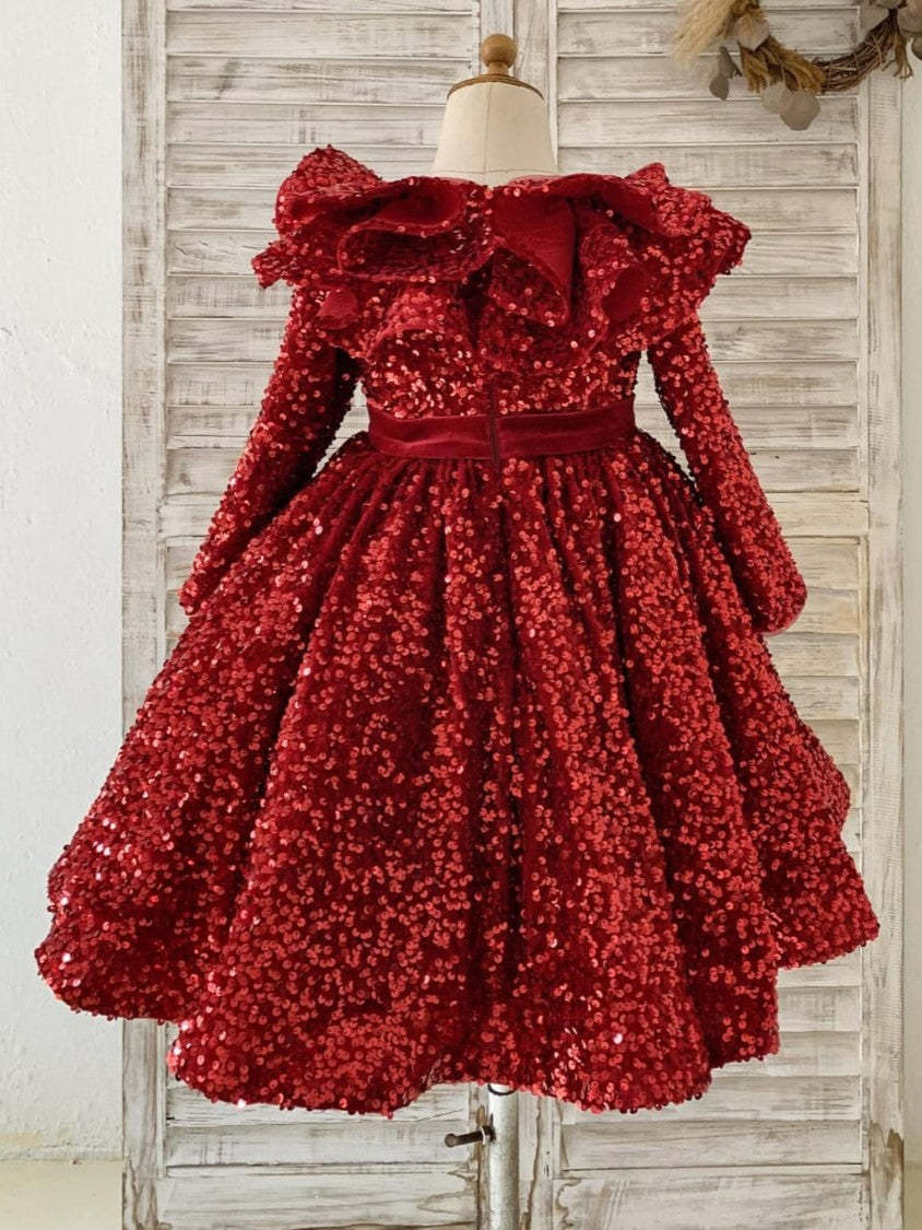 Burgundy Velvet Knee-length Dress with Sequins for Girls