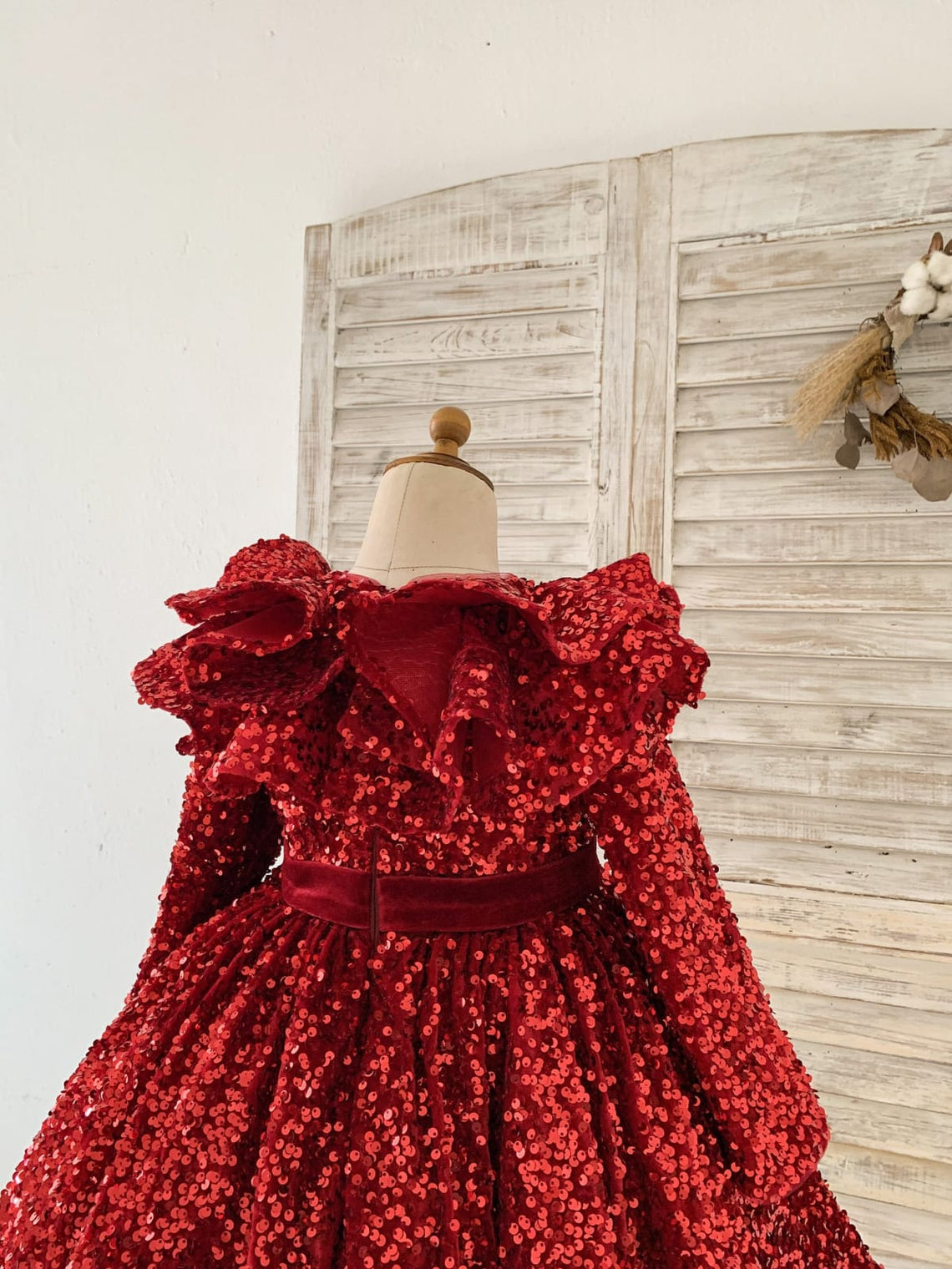 Burgundy Velvet Knee-length Dress with Sequins for Girls