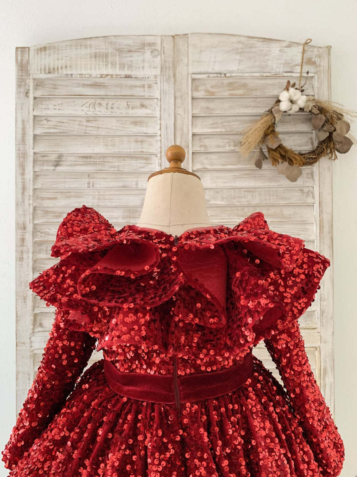 Burgundy Velvet Knee-length Dress with Sequins for Girls
