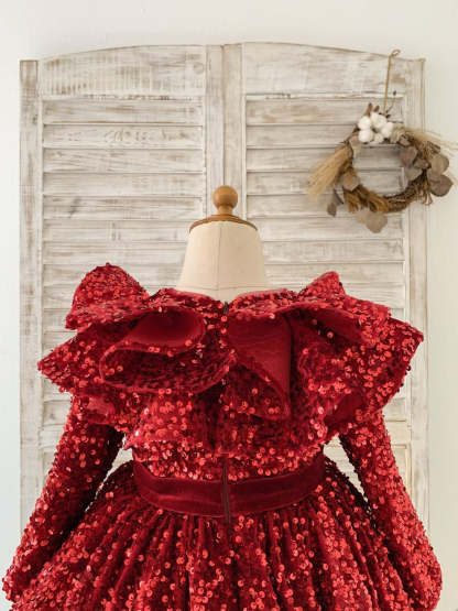 Burgundy Velvet Knee-length Dress with Sequins for Girls