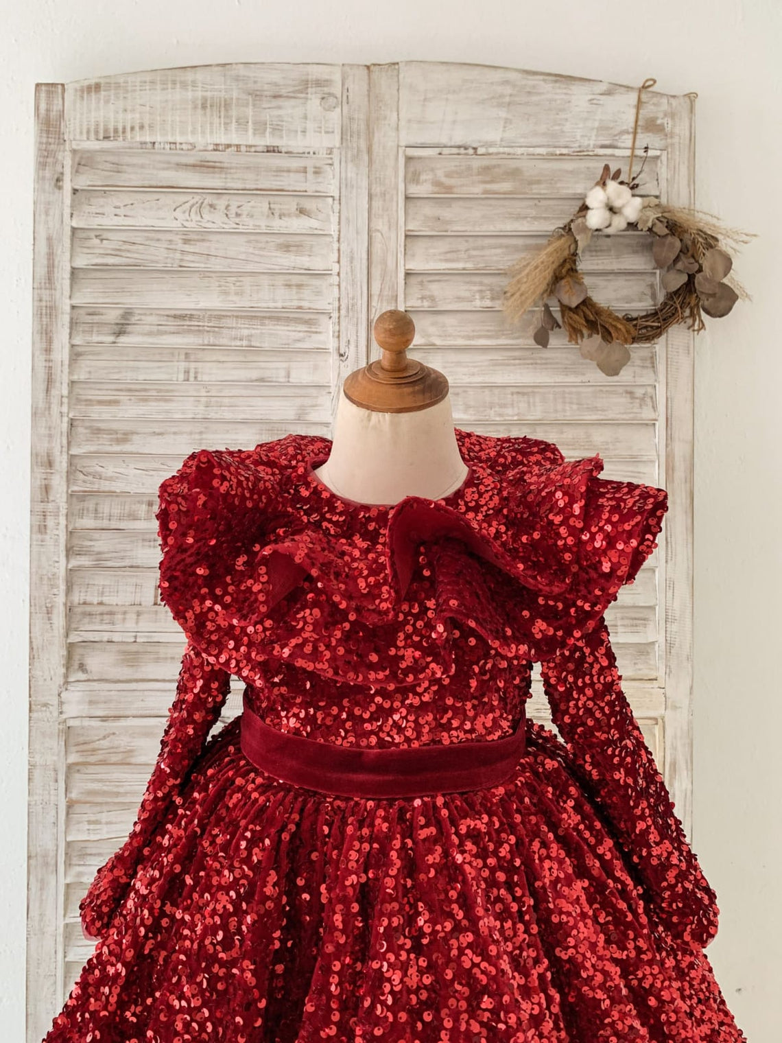 Burgundy Velvet Knee-length Dress with Sequins for Girls