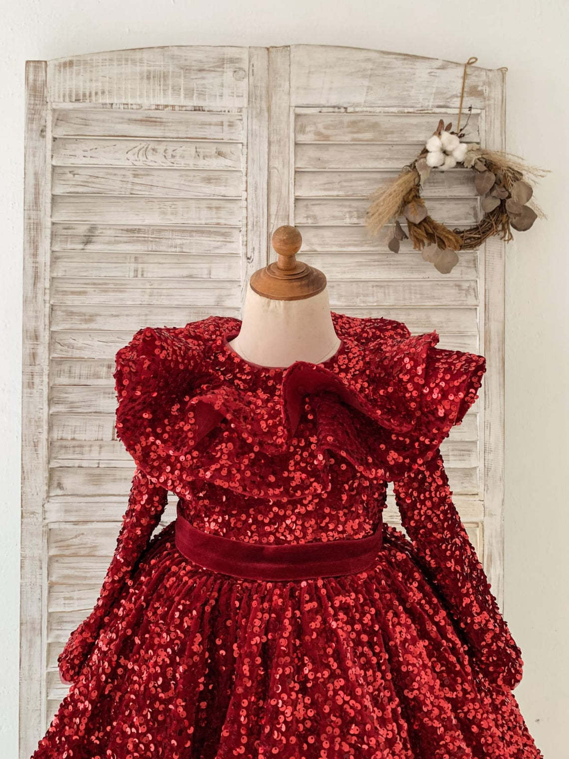 Burgundy Velvet Knee-length Dress with Sequins for Girls