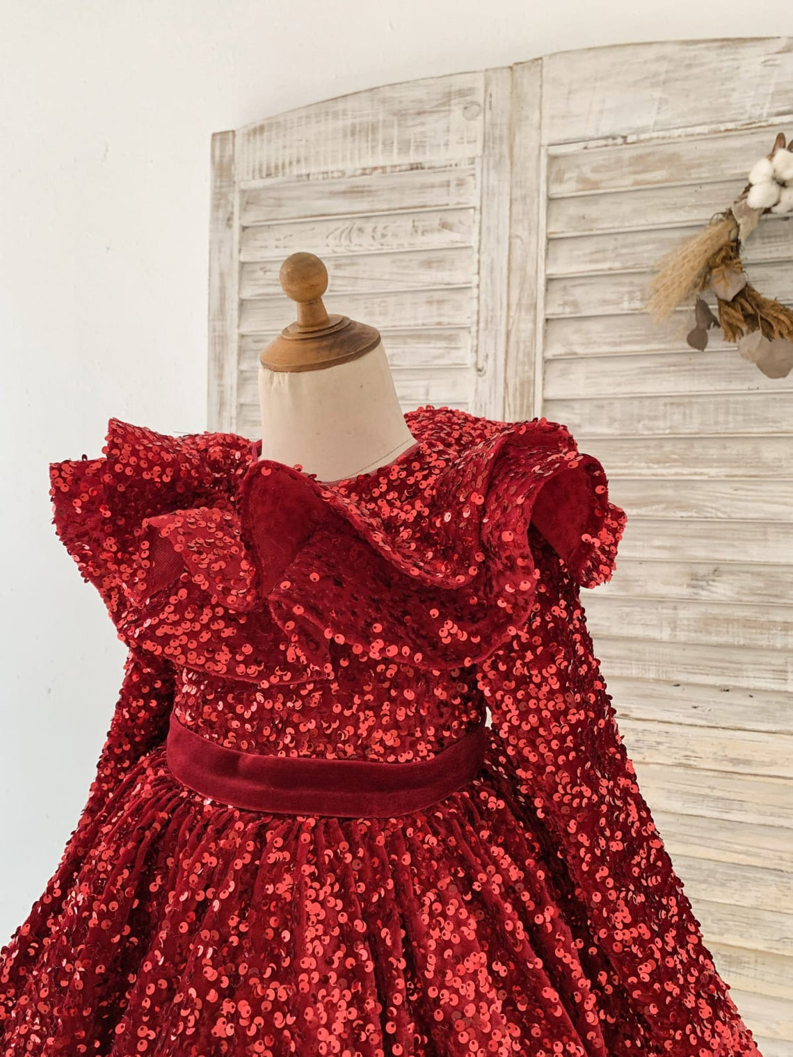 Burgundy Velvet Knee-length Dress with Sequins for Girls