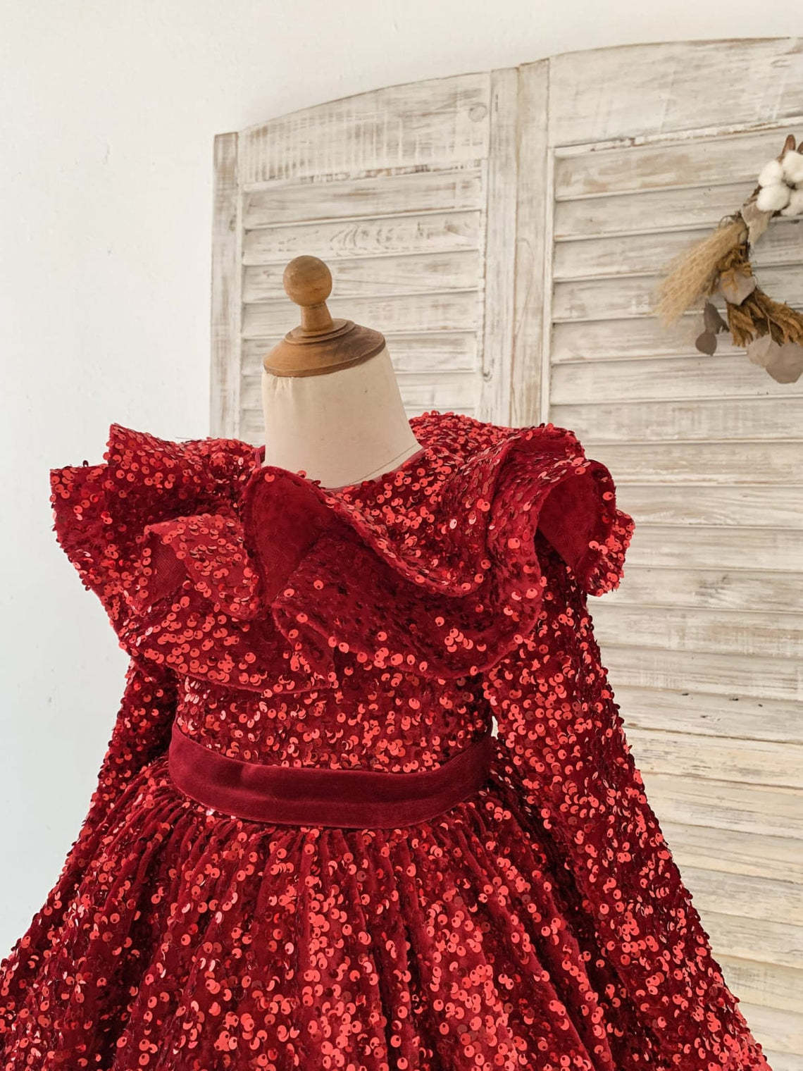 Burgundy Velvet Knee-length Dress with Sequins for Girls