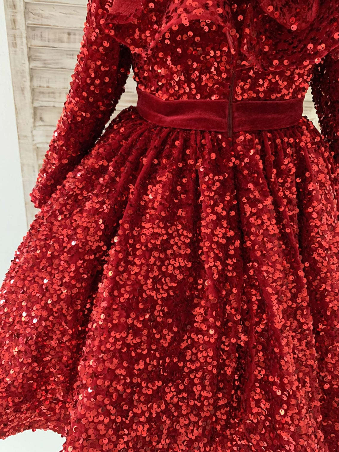 Burgundy Velvet Knee-length Dress with Sequins for Girls