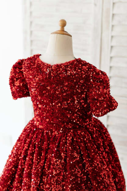Burgundy Velvet Knee-length Dress with Sequins