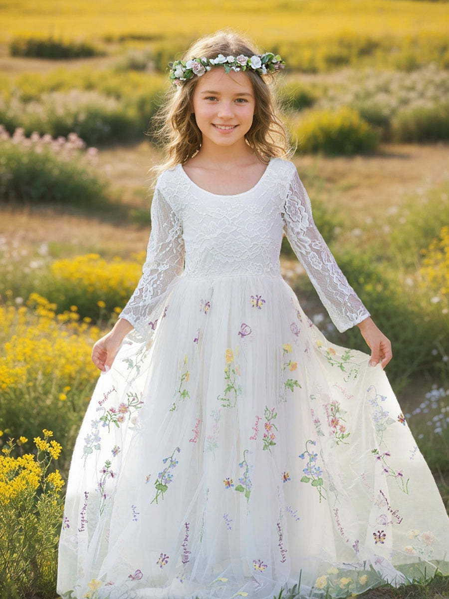 Embroidered Floral Lace Tulle A-Line Full-Length Garden Dress for Flower Girls