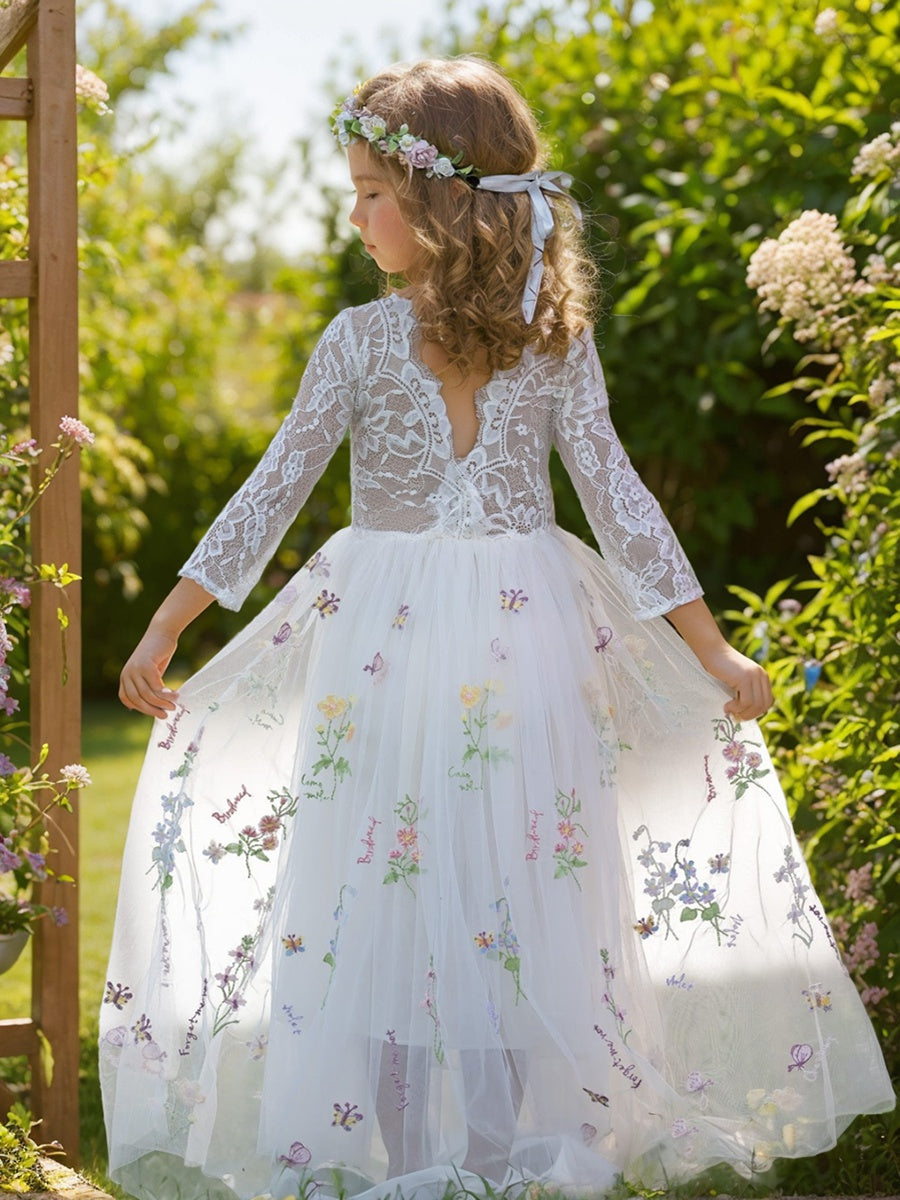 Embroidered Floral Lace Tulle A-Line Full-Length Garden Dress for Flower Girls