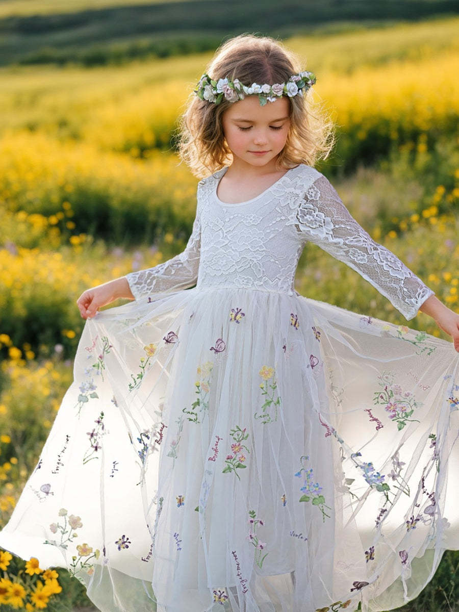 Embroidered Floral Lace Tulle A-Line Full-Length Garden Dress for Flower Girls