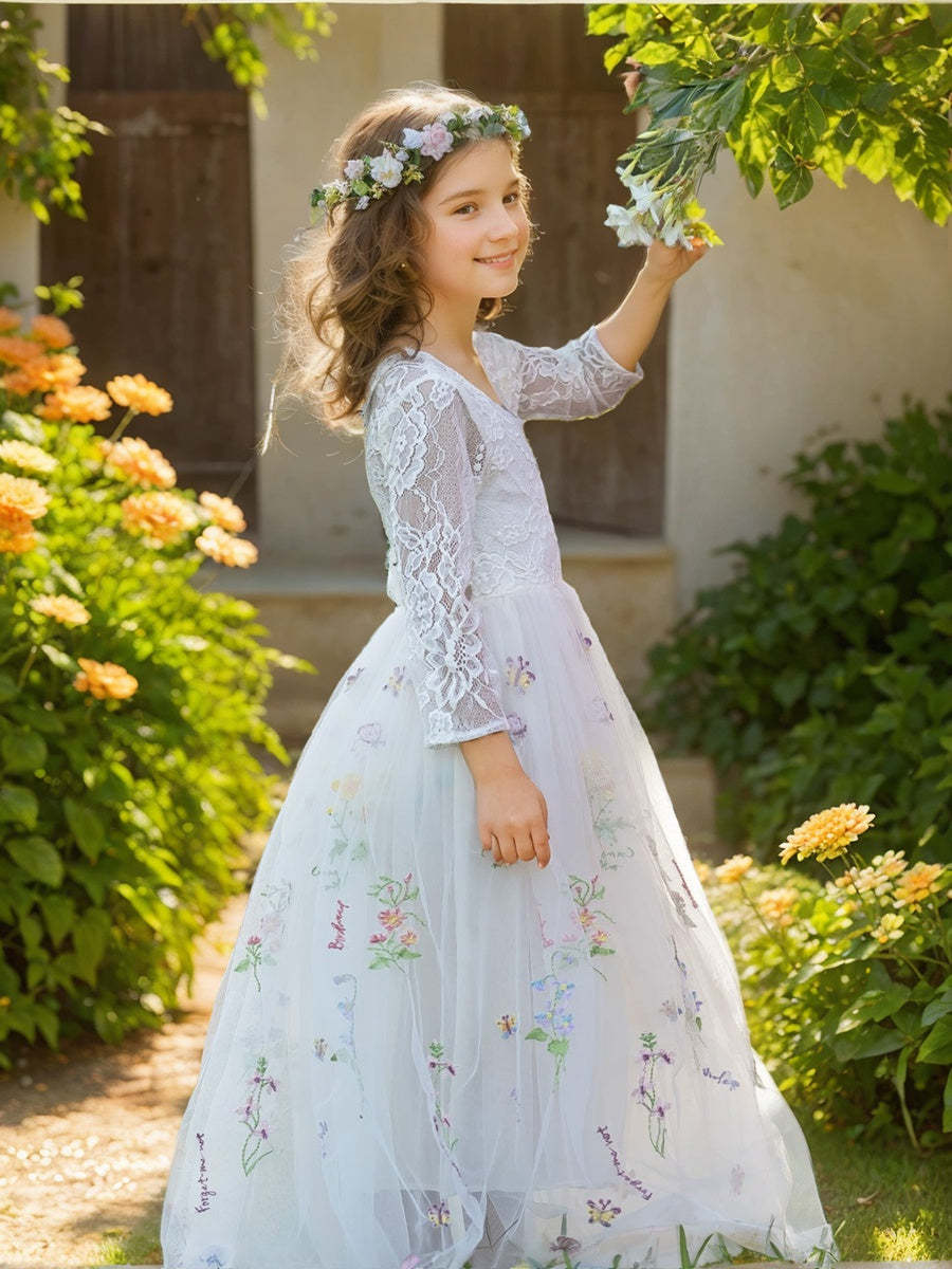 Embroidered Floral Lace Tulle A-Line Full-Length Garden Dress for Flower Girls