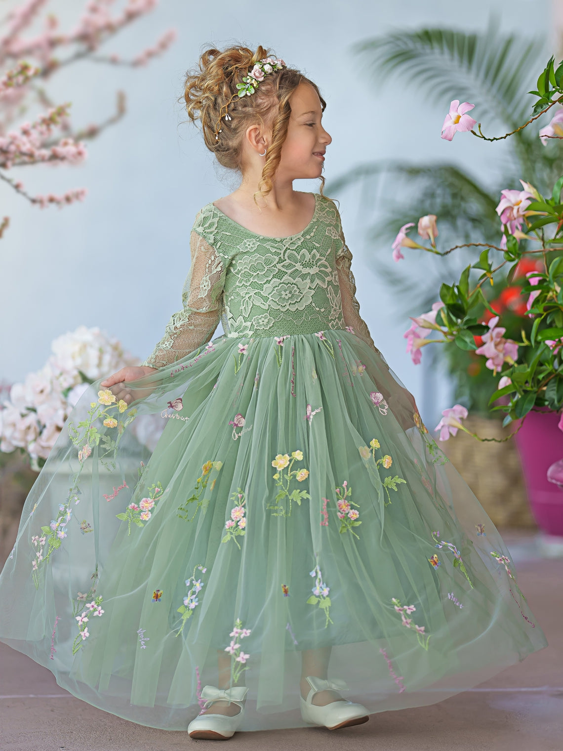 Embroidered Floral Lace Tulle A-Line Full-Length Garden Dress for Flower Girls