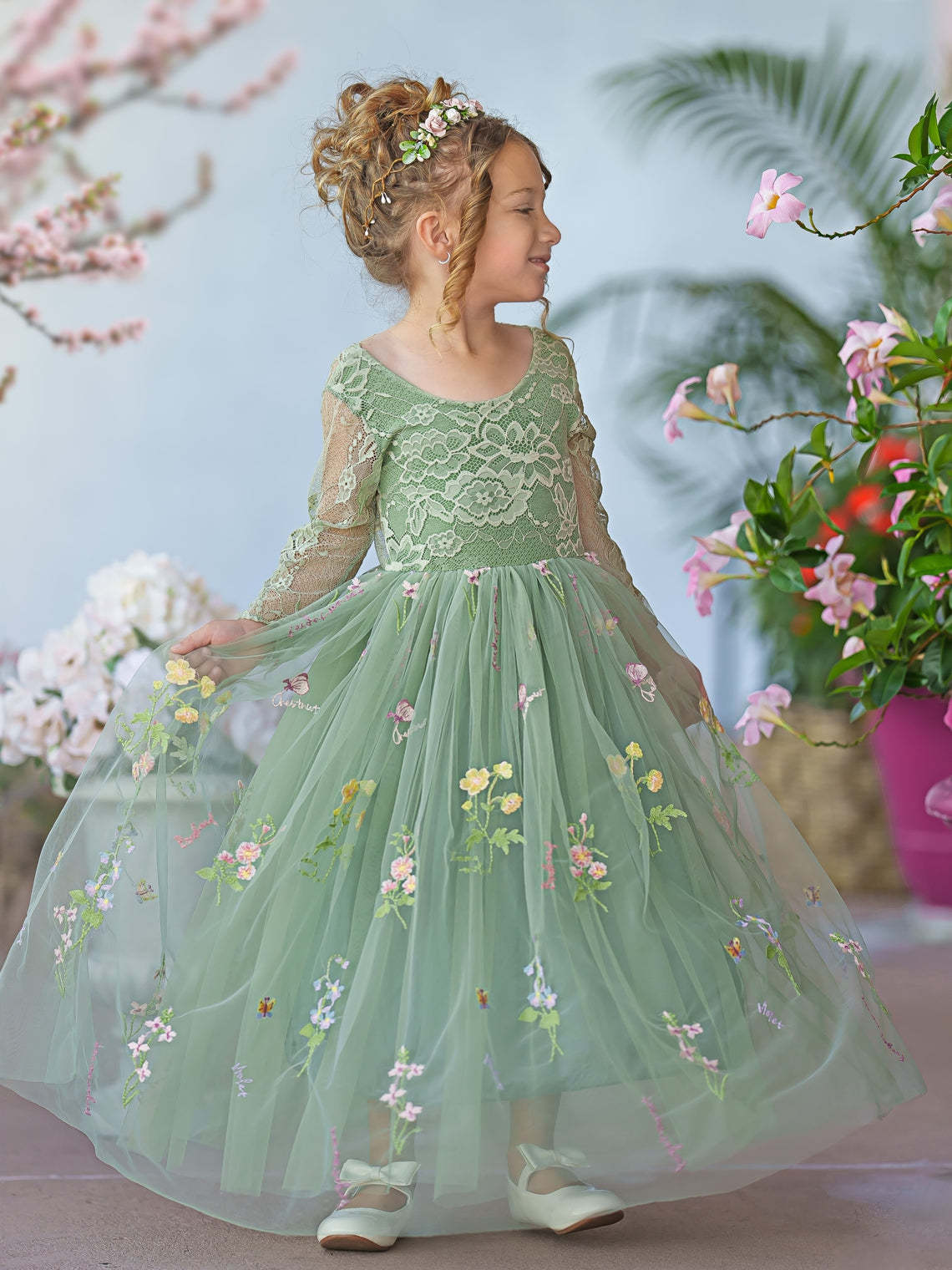 Embroidered Floral Lace Tulle A-Line Full-Length Garden Dress for Flower Girls