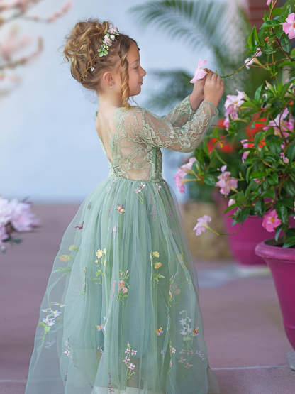 Embroidered Floral Lace Tulle A-Line Full-Length Garden Dress for Flower Girls