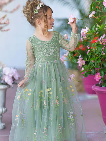 Embroidered Floral Lace Tulle A-Line Full-Length Garden Dress for Flower Girls