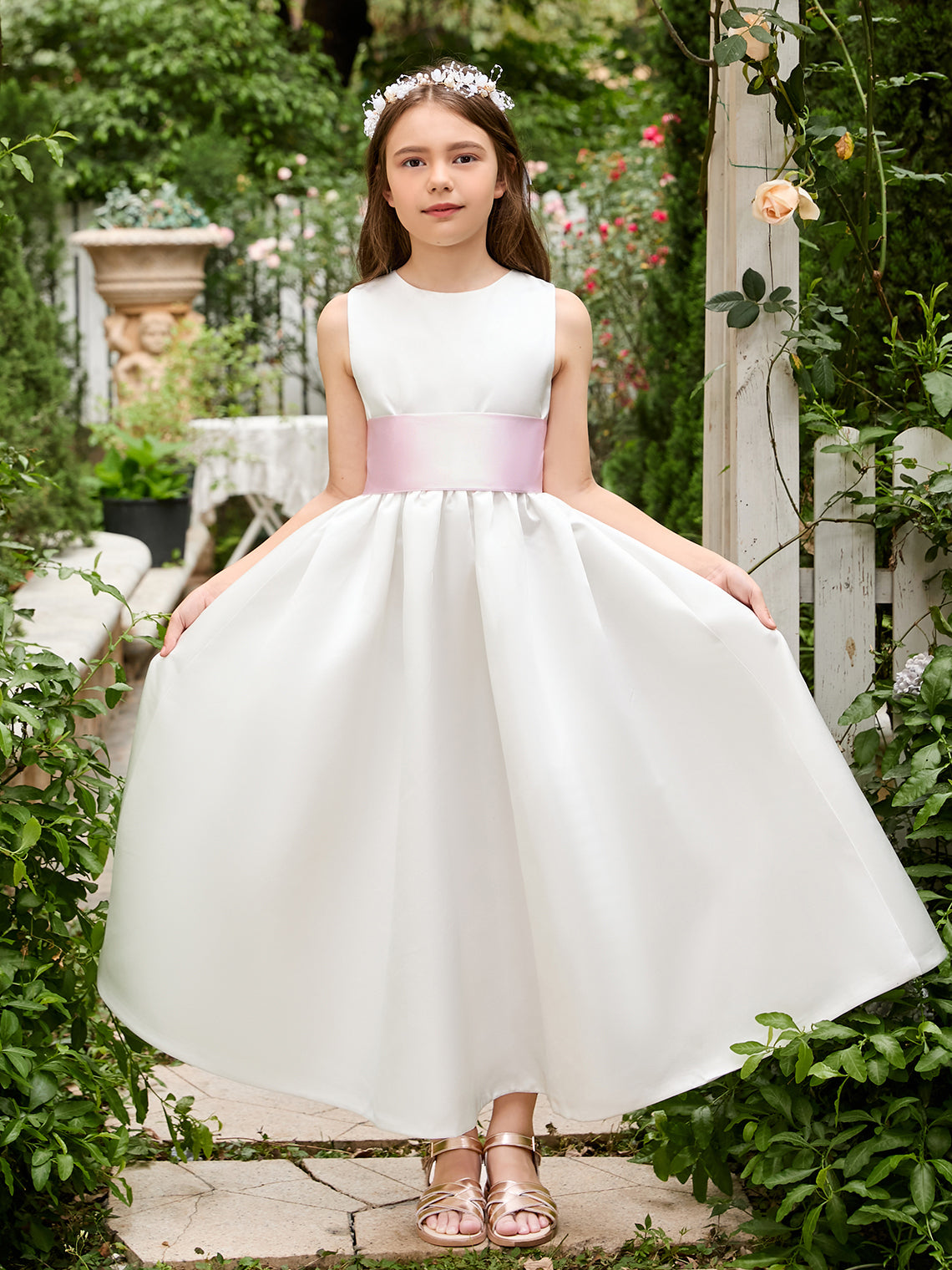 Ankle-Length Tulle Flower Girl Dress in Ivory Satin with Sash Bow