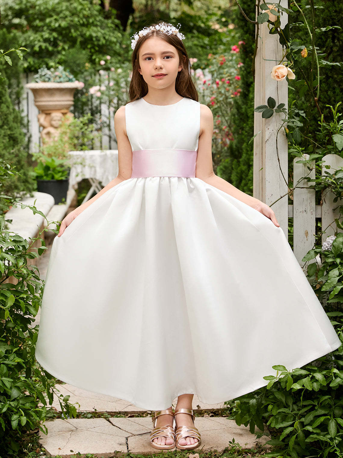Ankle-Length Tulle Flower Girl Dress in Ivory Satin with Sash Bow