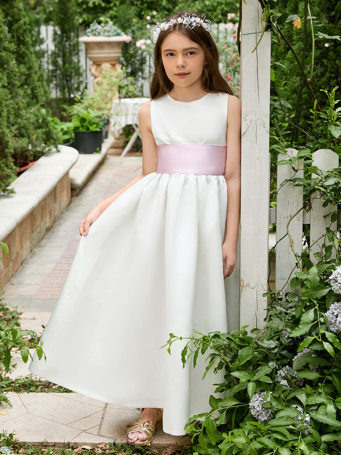 Ankle-Length Tulle Flower Girl Dress in Ivory Satin with Sash Bow