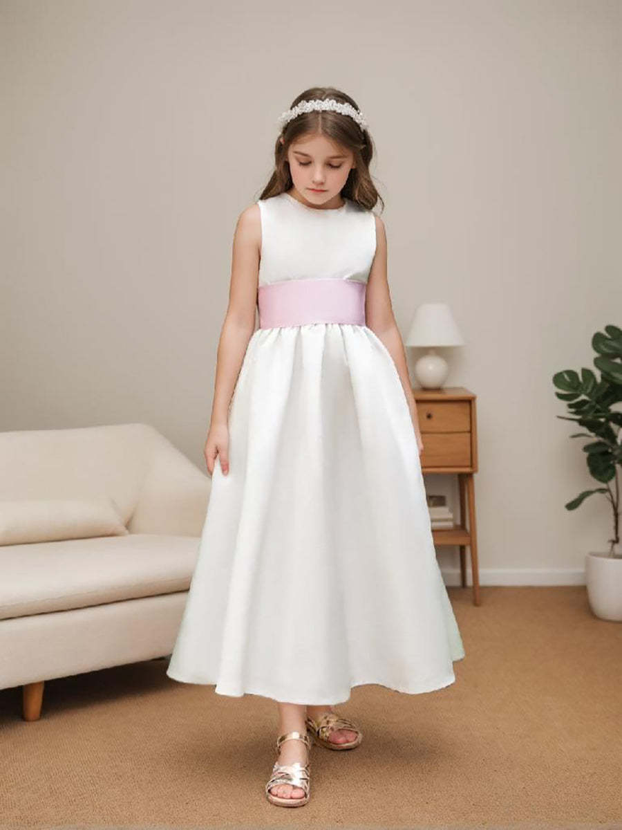 Ankle-Length Tulle Flower Girl Dress in Ivory Satin with Sash Bow