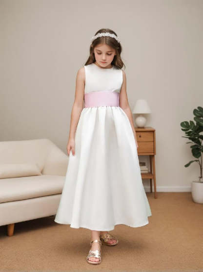 Ankle-Length Tulle Flower Girl Dress in Ivory Satin with Sash Bow