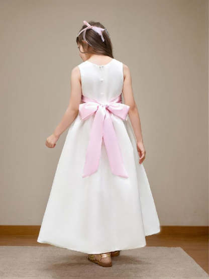 Ankle-Length Tulle Flower Girl Dress in Ivory Satin with Sash Bow