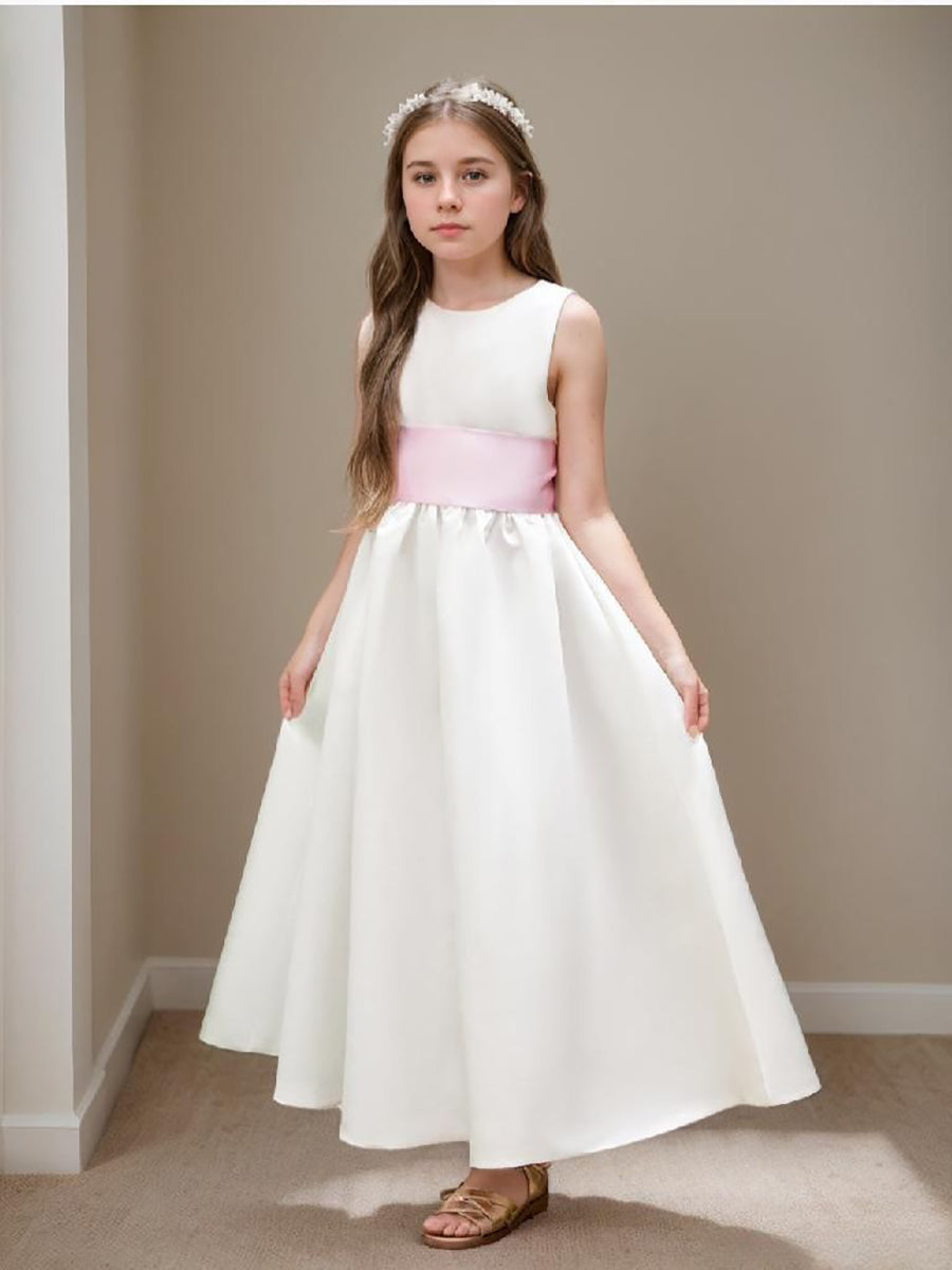 Ankle-Length Tulle Flower Girl Dress in Ivory Satin with Sash Bow