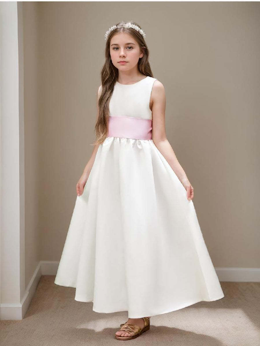 Ankle-Length Tulle Flower Girl Dress in Ivory Satin with Sash Bow