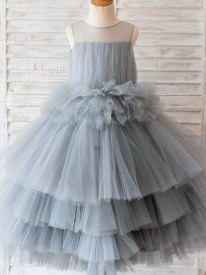 Knee-Length Princess Ball-Gown Tulle Dress for Flower Girls
