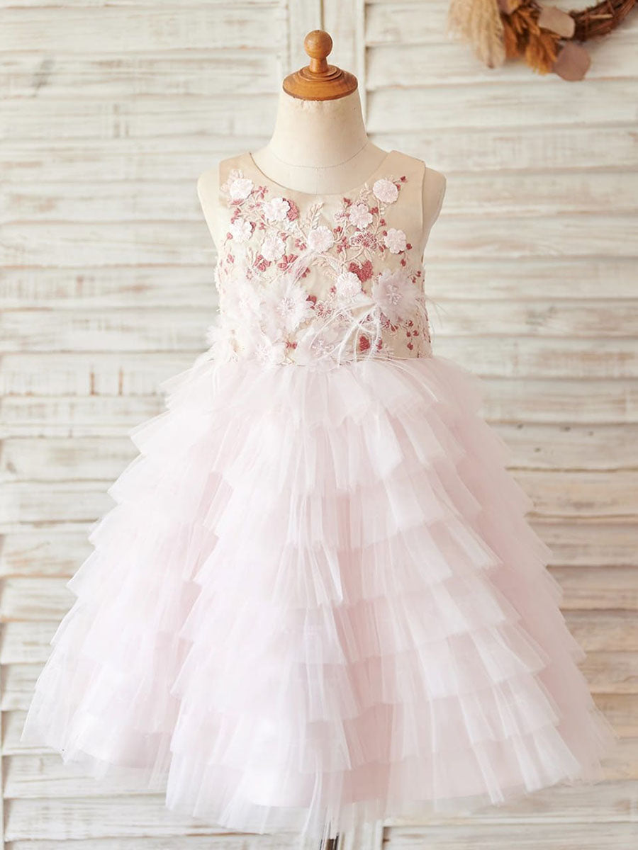Pink Knee-Length Flower Girl Princess Dress in Satin and Tulle