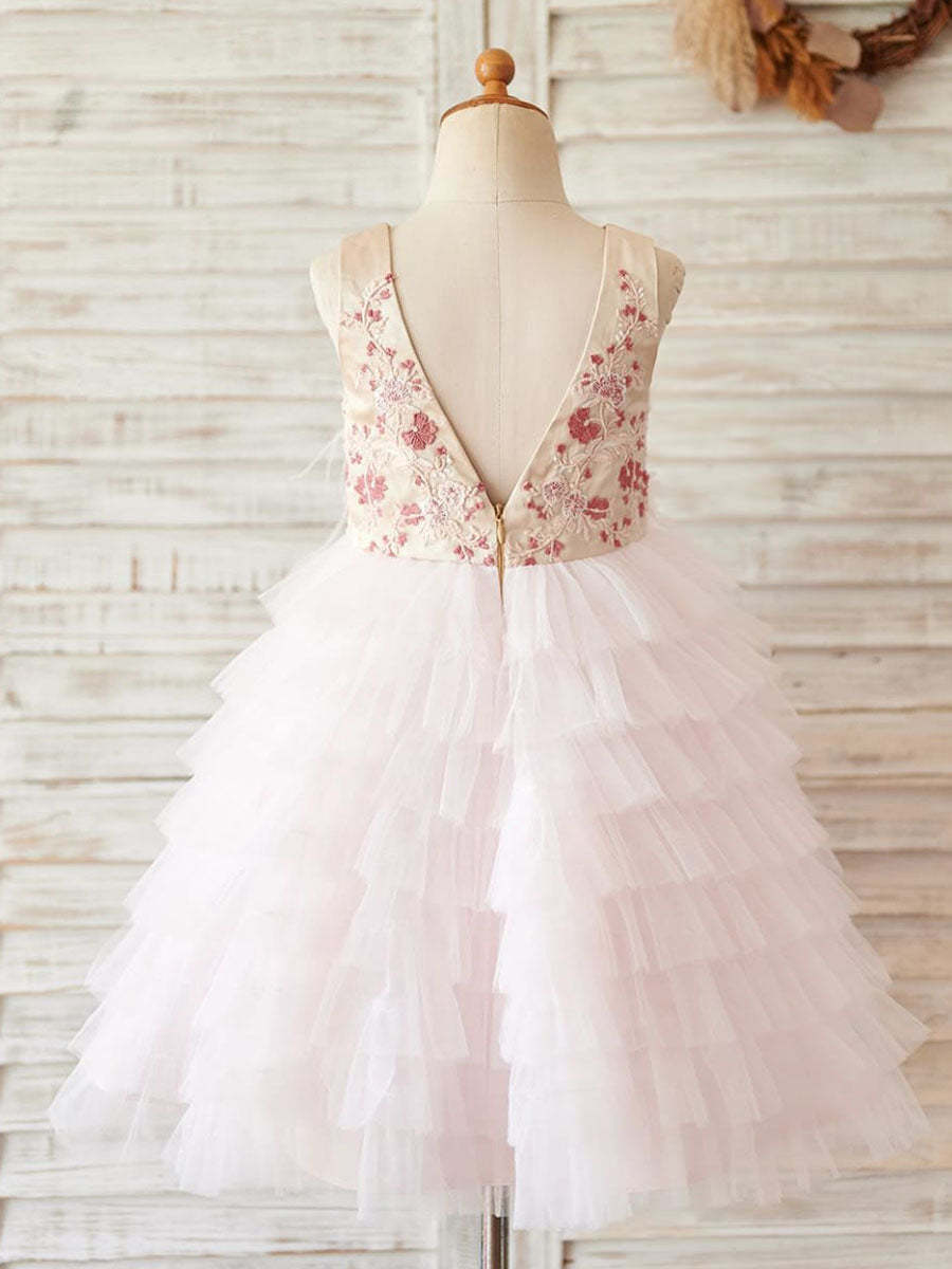 Pink Knee-Length Flower Girl Princess Dress in Satin and Tulle